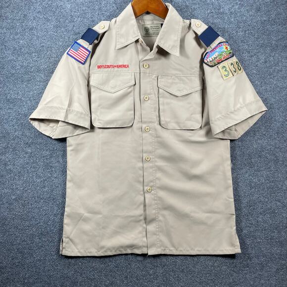 Boy Scouts Of America Button Up Uniform Shirt Youth Large Brown Patches - Picture 1 of 8